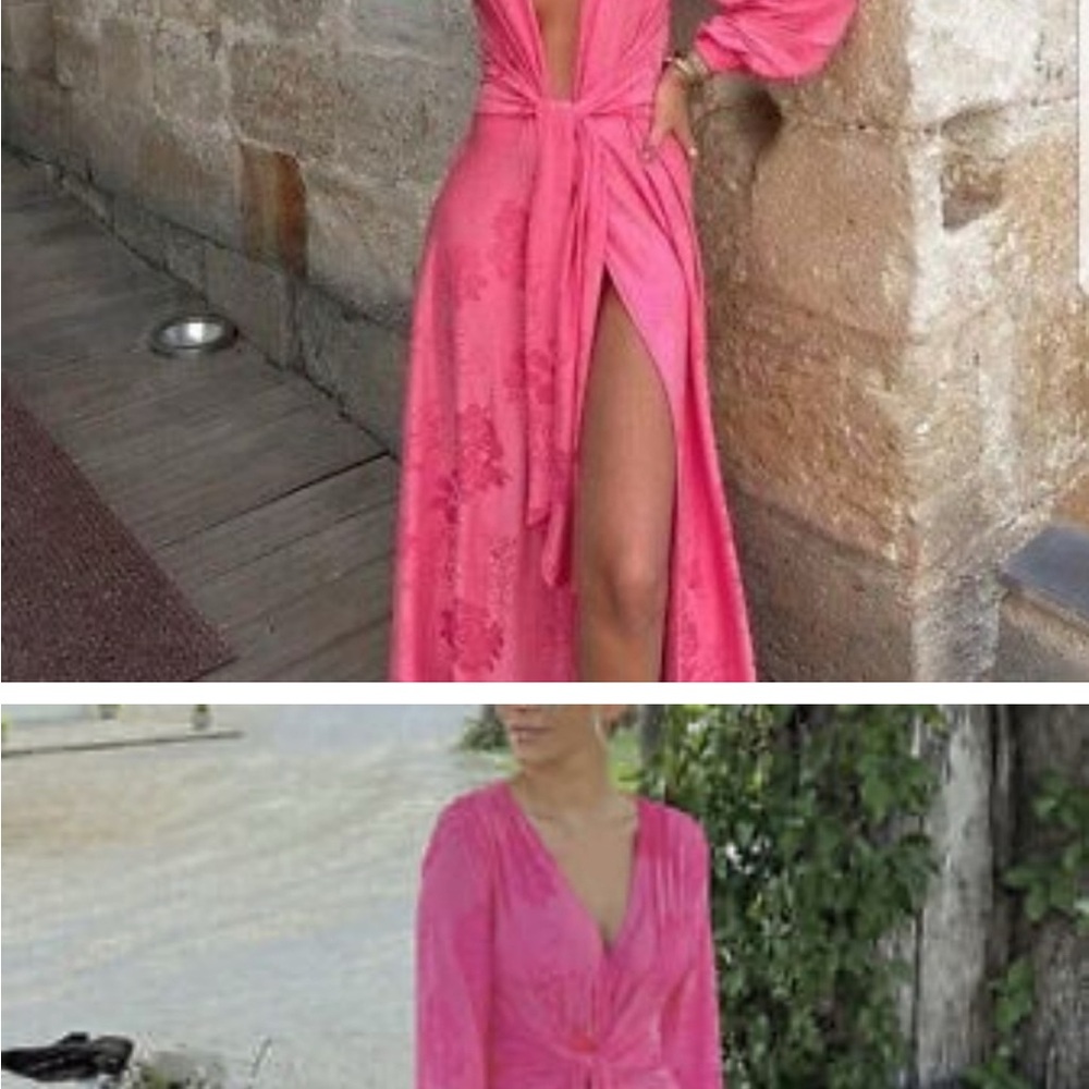 NWT ZARA Bright Pink Floral Jacquard Jersey Long Wrap Dress M - Picture 4 of 5